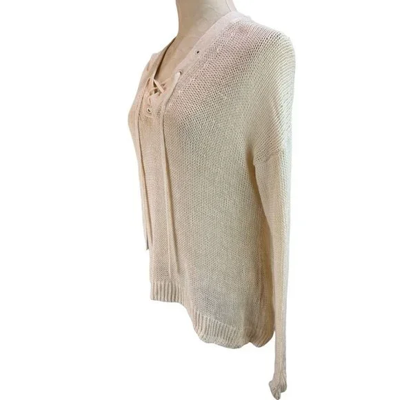 Small J.Crew Women's Loose Knit Linen Sweater Lace Up Neckline Ivory - Picture 2 of 8